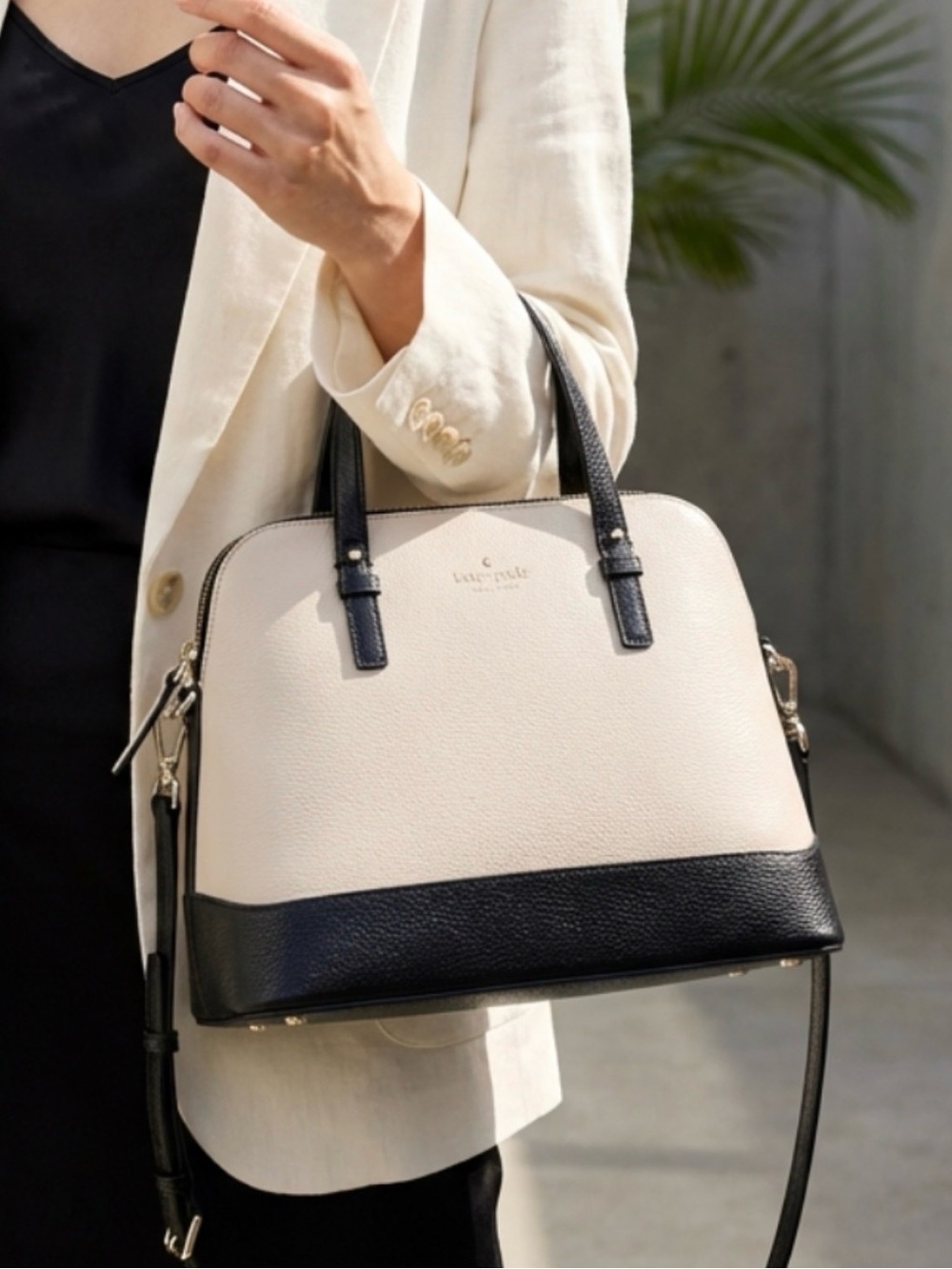 Kate Spade New York Cream and Black Grand Street Satchel with Crossbody Strap